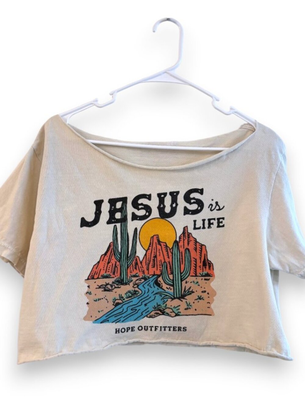 Hope Outfitters Beige Tan Crop Raw Hem Graphic Shirt Off Shoulder Western Medium
